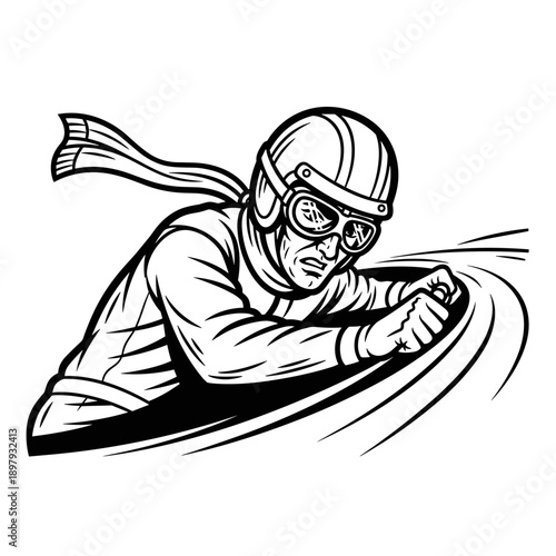 Vintage Racer in Helmet and Goggles Speeding.