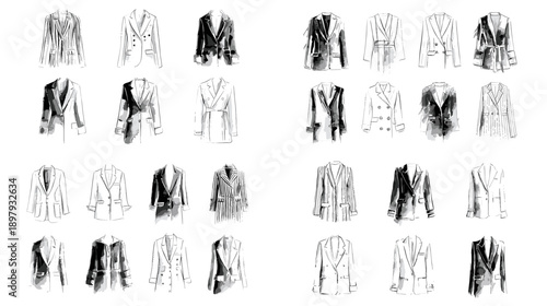 Fashion sketch illustrations of modern clothing silhouettes in black and white style. Hand drawn outfit designs ideal for fashion branding lookbooks editorial layouts and creative projects.