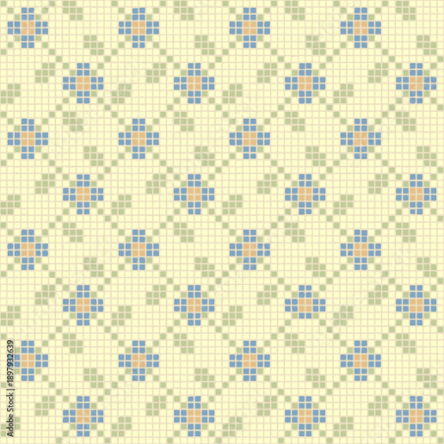 spring flowers of hand drawn squares. floral fabric swatch. vector seamless pattern.  blue, beige, green repetitive background. modern decorative pixel art. embroidery template. textile design