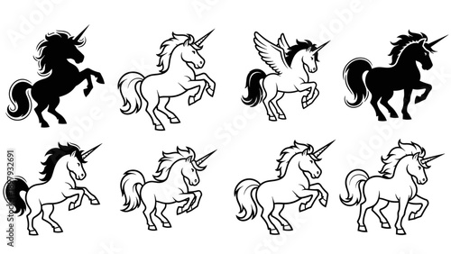 Collection of eight unicorn illustrations in various poses and styles.