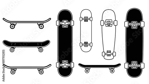 Collection of Skateboards and Longboards in Various Views and Styles.