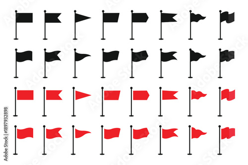 Flag icon set featuring black and blue waving banners and pennant symbols for map location markers.Flag Icon Set Vector Illustration, Set Of Flag Silhouette Icon.Vector Illustration