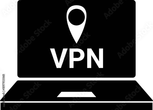 Minimalist Black Laptop Silhouette Icon Featuring a VPN Text Overlay and Location Pin Graphic for Cybersecurity and Virtual Private Network Concepts
