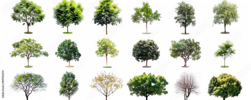 Fototapeta premium Collection of diverse, isolated tree illustrations against a clean, white backdrop showcasing varied foliage and shapes