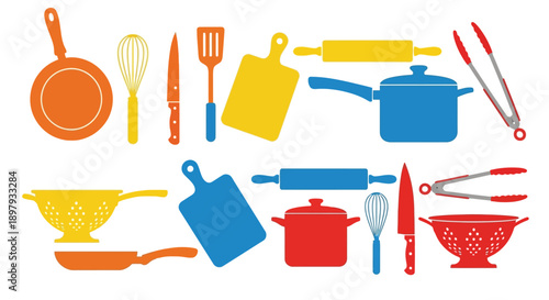 Colorful kitchen utensils arranged in two rows a flat lay composition