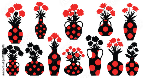 A collection of black vases filled with vibrant red carnation flowers