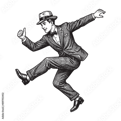 Retro Man in Suit and Hat Dancing and Jumping Sketch