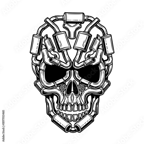Mechanical Skull Made of Exhaust Pipes and Mufflers.