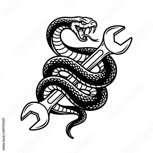 Monochromatic Snake Coiled Around a Wrench Illustration.