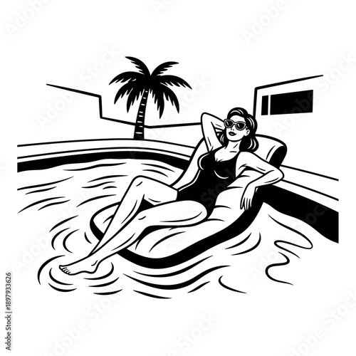 Woman relaxing in a swimming pool on an inflatable lounge.