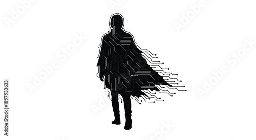 Figure cloaked in digital circuits, representing technology and future.