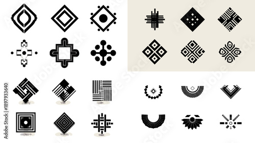 Abstract geometric icons and symbols in black style. Modern minimal shapes ideal for patterns logos interfaces branding and contemporary graphic design projects.