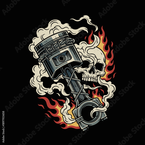Piston and Skull with Flames and Smoke Illustration.