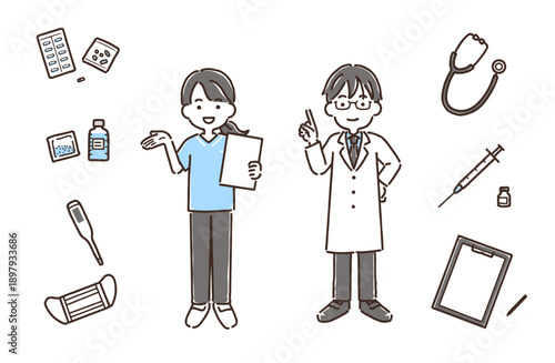 白衣の医師・スクラブ姿の看護師・医療アイテム／シンプルカラー／セット