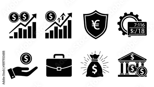 Set of financial and business icons in black and white.