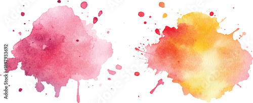 Vibrant watercolor splashes in different colors brush on white background. A collection of colorful paint splatters and splashes on a white background. 