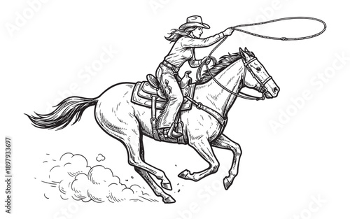 Cowgirl Riding Horse and Throwing Lasso Sketch