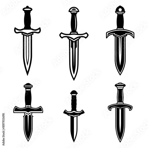 Set of six vintage daggers and swords in black and white.