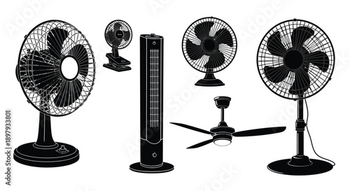 Collection of various electric fans in a black and white illustration