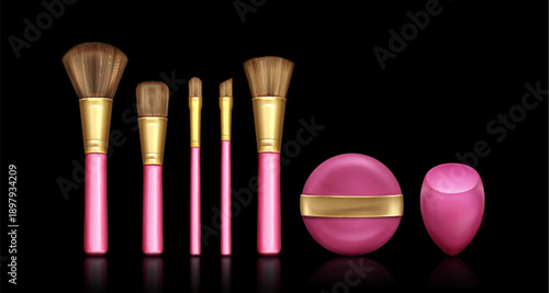 Makeup brush and sponge set isolated on black background. Vector realistic illustration of tools for professional cosmetics application, eye shadows, powder, blush, concealer, foundation brushes