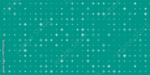 Seamless background pattern of evenly spaced white plus symbols of different sizes and opacity. Vector illustration on teal background with stars.Eps10
