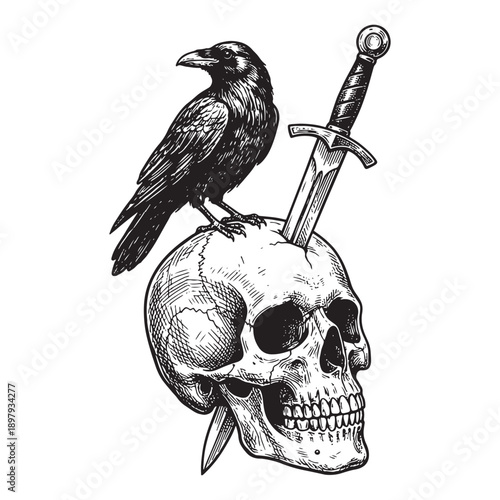 Skull Impaled by Sword with Raven Perched on Top Sketch