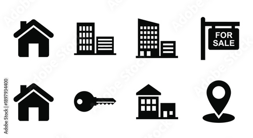 Real estate icons houses keys location and for sale signs