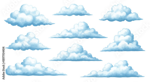 Set of fluffy cartoon cumulus clouds isolated on a bright white background for weather illustration