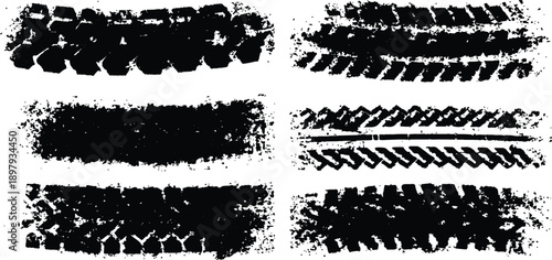 Fotografie Set of grunge black tire tracks and skid marks dirty texture vector illustration design elements for backgrounds