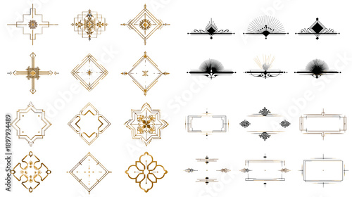 Ornamental geometric frames dividers and abstract elements in gold style. Elegant classic decorations perfect for branding logos invitations certificates and graphic compositions.