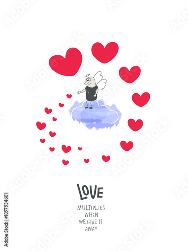 Vector cartoon sketch of Angel on a cloud gives love, and that love grows even stronger. Love multiplies when we give it away.Generosity, charity, support and care, philanthropy. 