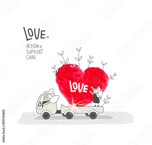 Vector cartoon sketch of Angels who delivered a large red heart on a truck as a sign of love. Angel advise by creating a seed of love in actions.Concept of philanthropy and support. Happy valentine's