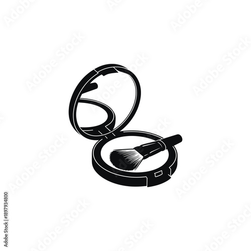 Black and white vector illustration of open compact makeup powder case with brush, for beauty or makeup design, Isolated on transparent background, png