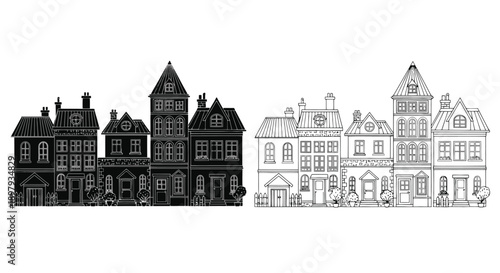 Detailed illustrations of traditional european buildings in black and white