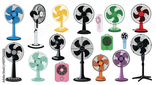 Collection of colorful electric fans in various styles and designs