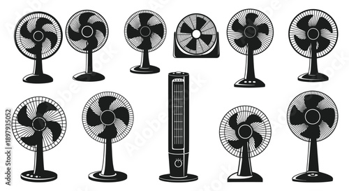 Collection of vintage and modern electric fans in black and white