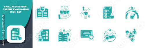 Skill assessment, talent evaluation icon set featuring various HR and performance management concepts.