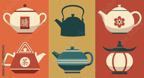 A charming vector illustration of six distinct Chinese-style teapots in a pleasing arrangement on a textured background, perfect for beverage or cultural themes