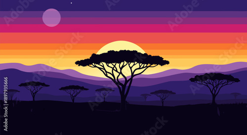 African Sunset Silhouette vector illustration of savanna landscape with acacia trees and mountains at twilight, vibrant gradient sky