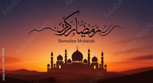 Ramadan mubarak greeting card with mosque silhouette at sunset arabic calligraphy