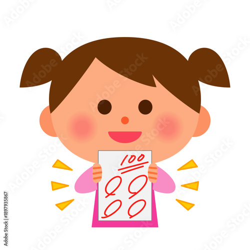 100点のテストを持って喜ぶ子供