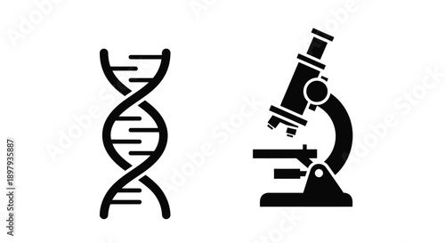 Dna helix and microscope illustration in a simple black and white style