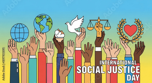 Diverse hands raised in unity for international social justice day with symbols of peace and equality