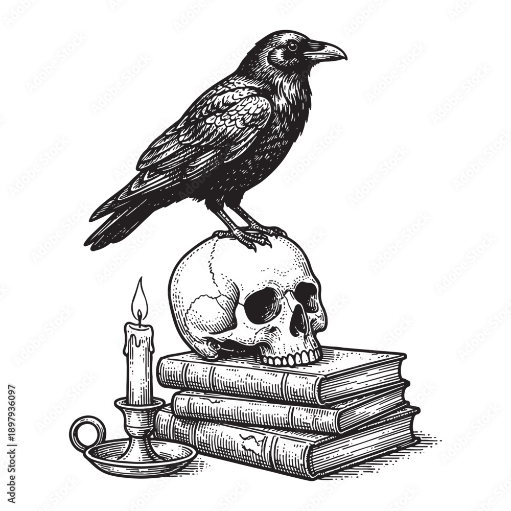 Obraz premium Raven Perched on Human Skull with Old Books and Candle