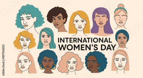 Diverse women celebrate international women's day with colorful illustration of faces