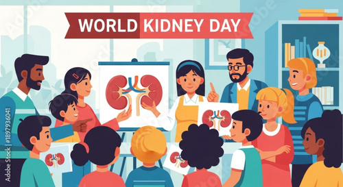 World kidney day awareness illustration with diverse group of people discussing kidney health education