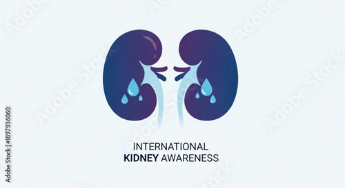 Kidney awareness logo with blue droplets and sorrowful expression on white background for health campaigns