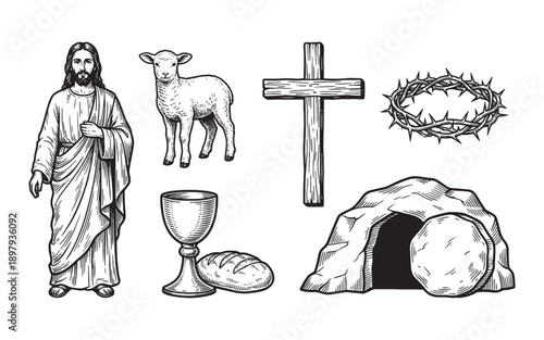 Christian Religious Symbols Set with Jesus, Cross, Lamb, and Dove