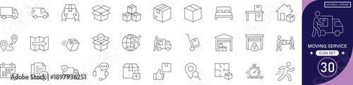 
Moving service line icon set featuring relocation, logistics, shipping, transportation, packing, delivery, truck, storage, boxes, and carrier.editable stroke vector set.