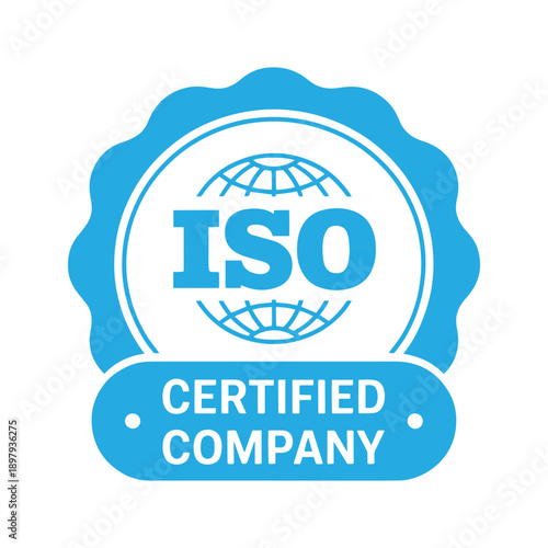 Blue and white vector badge illustrating an ISO certified company, featuring the ISO acronym with a globe and "Certified Company" text, symbolizing quality standards and global recognition.